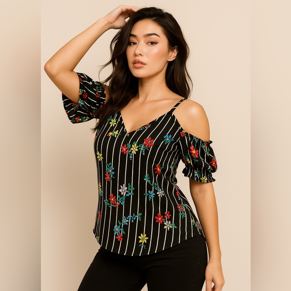 Sienna Sky Black and White Flutter Sleeve Asymmetrical Blouse